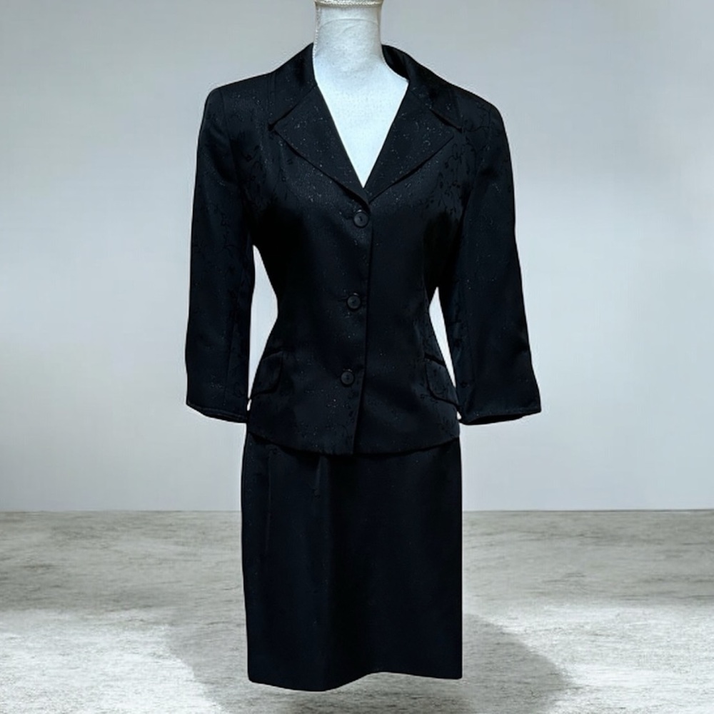 Women’s Vtg 90’s Y2K Office Girl Formal Black Floral Embroidered 2 PC Skirt Set